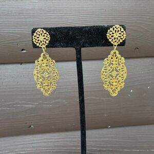 Gold Tone Filigree Chandelier Ornate Drop Earrings Victorian Revival  Boho